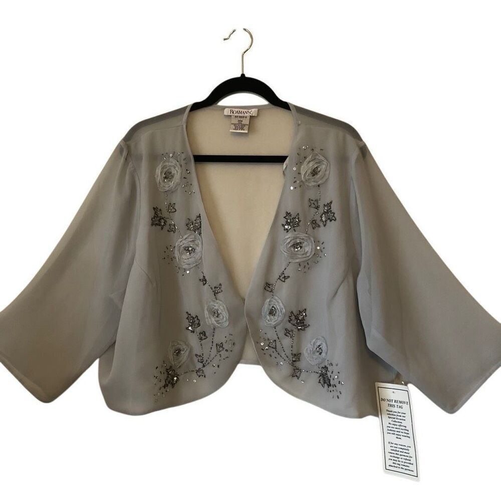 NEW Roaman’s Sheer Gray Appliique, Beaded Bolero Jkt Sz 26W Old Money, Ethereal